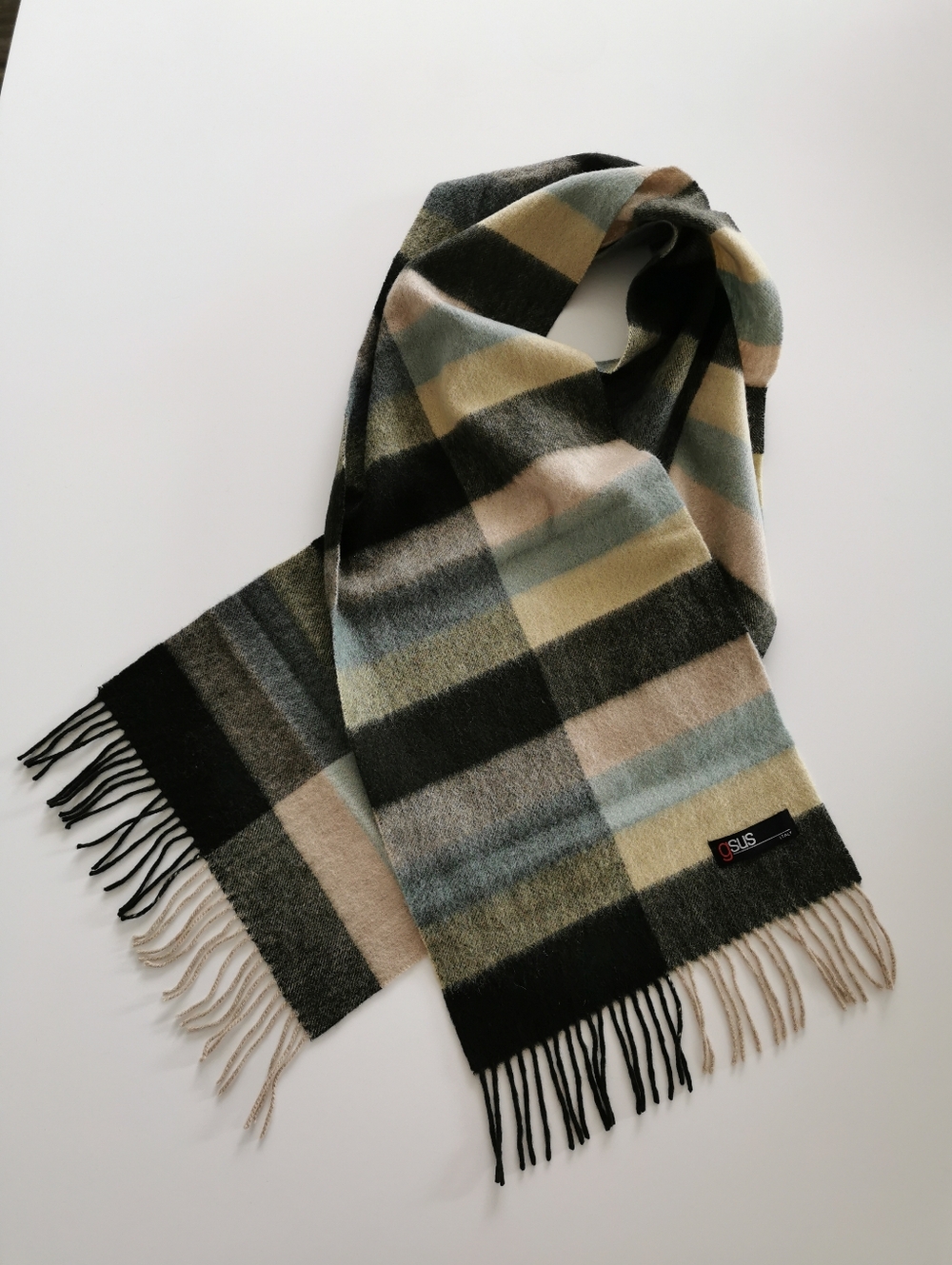 gsus Italy Plaid Scarf Dark Green, Cream, And Blue With Fringe Bottom